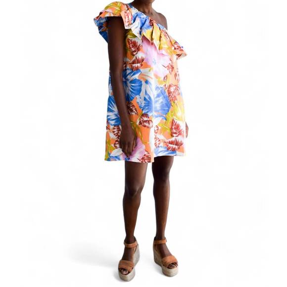 NEW NEVER A WALLFLOWER one shoulder short dress in tangerine tropical - Picture 1 of 4